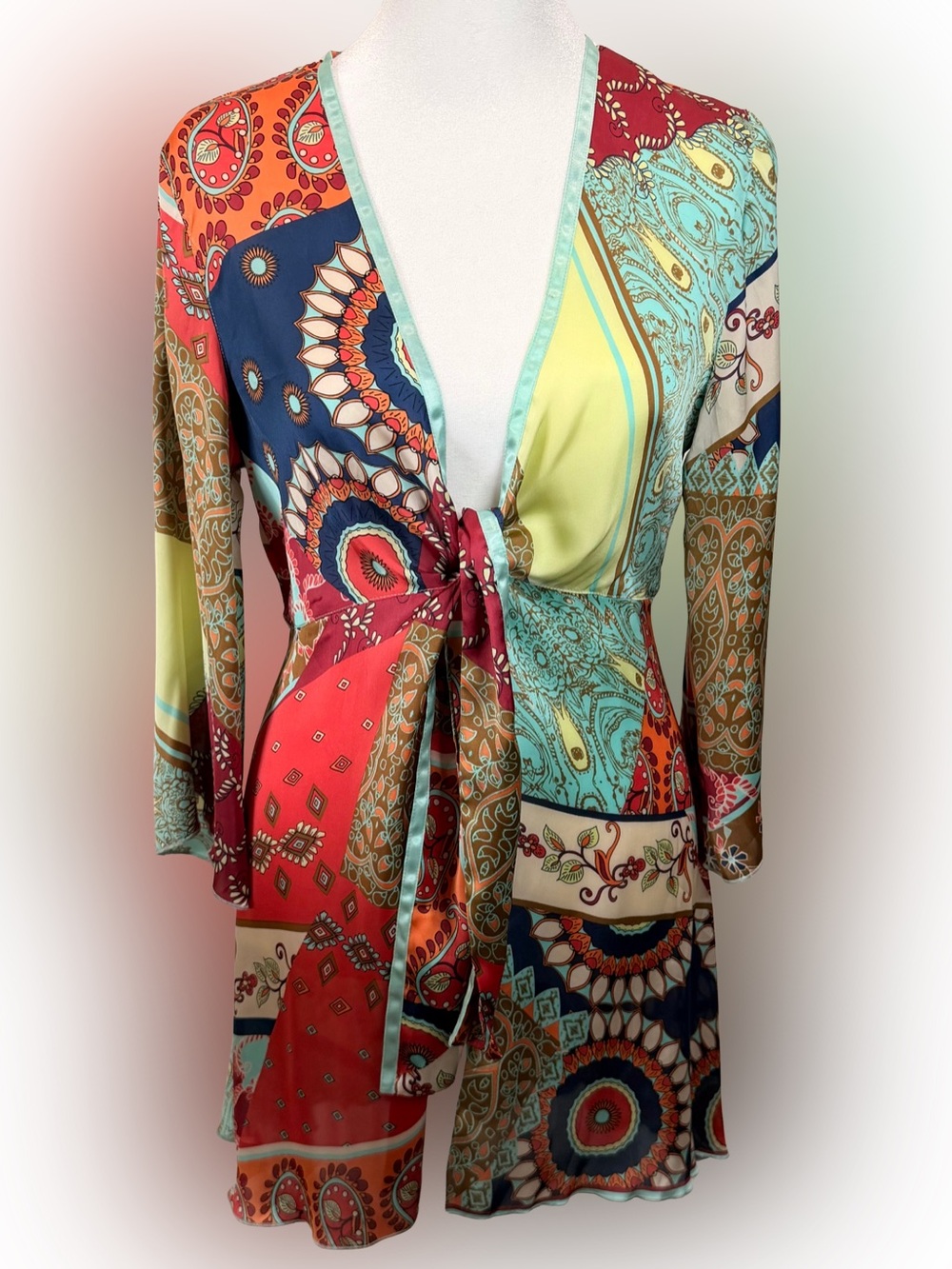 CAbi S Boho Paisley Patchwork Tunic Dress Cover-up Tie Front Bell Sleeves Artsy